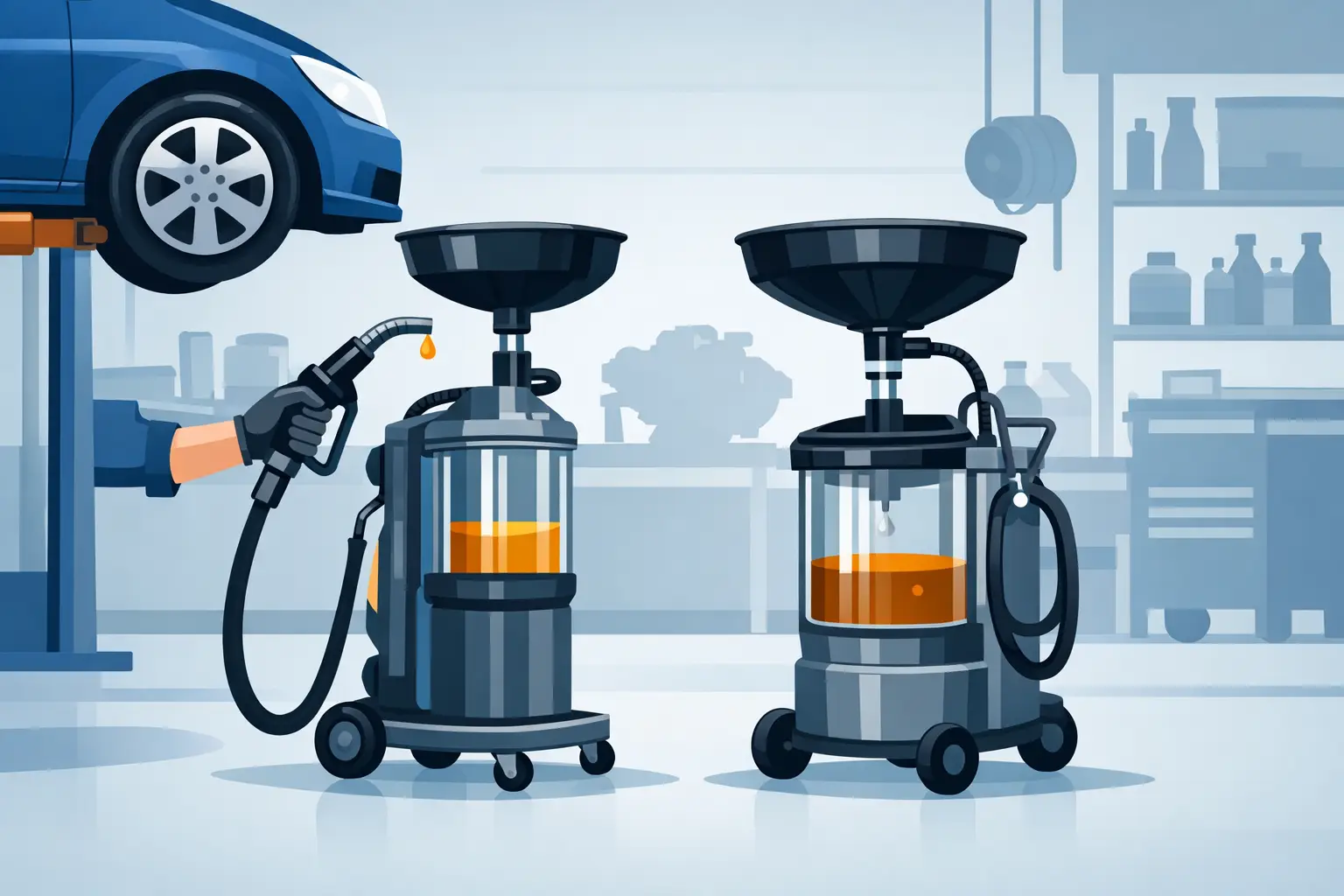 Oljepåfyllare och oljeuppsamlare i verkstad